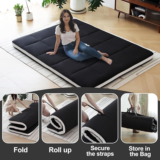 Tiita Floor Mattress Memory Foam Mattress Topper, 4" Thicken Futon Mattress with Storage Bag and 2 Straps, Portable Roll Up Travel Car Camping Mattress Sleeping Pad Full Size, Black