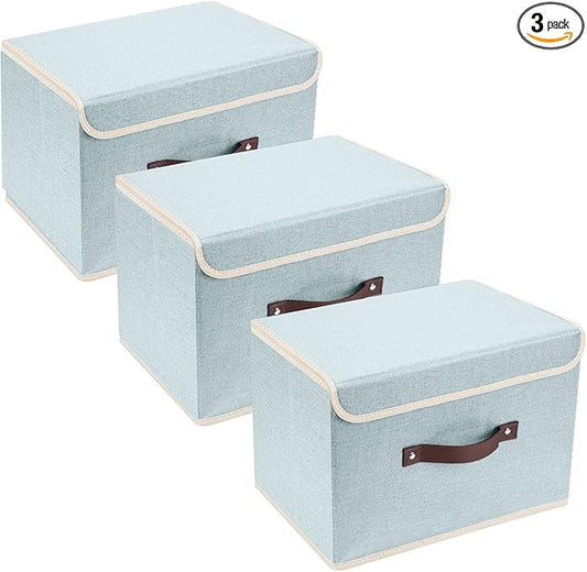 TYEERS Collapsible Storage Boxes, Washable Fabric Storage Bins with Lids, 14.9x9.8x9.8 inches, 3 Pack, Aqua Spring