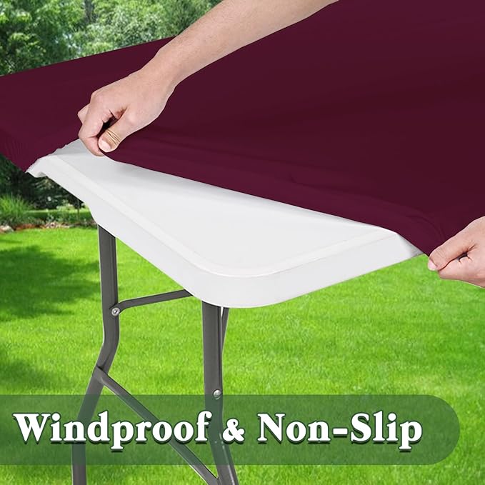 6 Pack 6 Foot Picnic Table Cover Fitted Elastic Tablecloth for Rectangle Tables Waterproof Stretch Washable Folding Indoor Outdoor Spandex Table Cloth for Parties Banquet Camping (Wine Red,30" x 72")