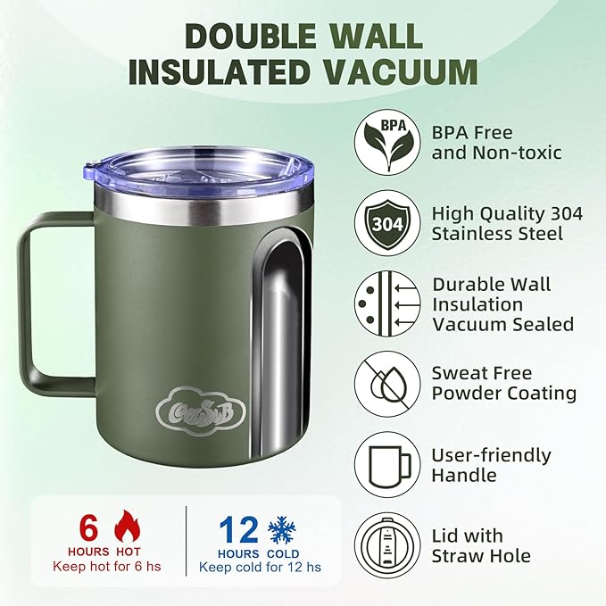 12oz Insulated Coffee Mug with Handle, Stainless Steel Wide Mouth Travel Tumblers with Lid, Double Wall Vacuum Coffee Cup for Camping, Office, Army Green 4 Pack