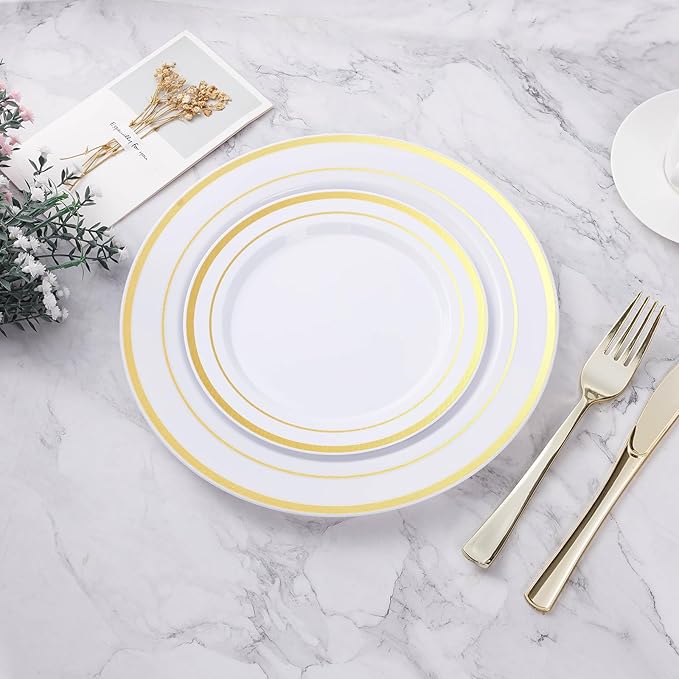 200PCS Gold Plastic Plate, Disposable Party Plates with 100 Dinner Plates and 100 Dessert Plates, Plastic Plates for Party, Wedding and Birthday