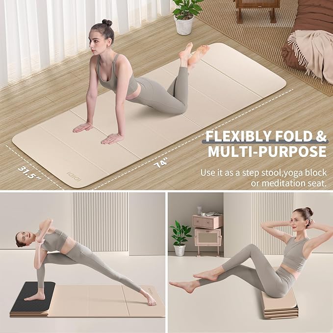 8mm Extra Large Foldable Yoga & Fitness Mat(74" x 31.5" x 0.32"), Double-Sided Non Slip & Lightweight Pilates Mat, Thick Wide Exercise Mats for Woman Man Kids, Portable Workout Mats for Travel, Studio or Home Use