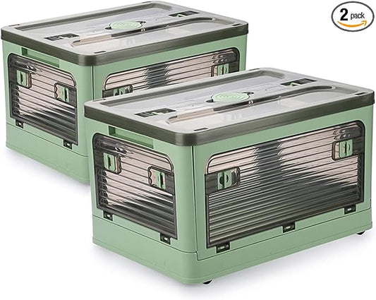 Folding Storage Bins, 36 Liters, 2 Pcs Green Plastic Storage Containers with Wheels, Four Doors, Foldable, Stackable, Plastic Box with Lids for Organization, Storage Cart