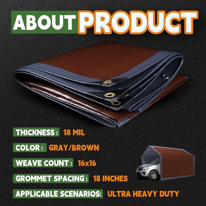RAINDEWAY 10x12 Feet Super Heavy Duty Tarp 18 Mil, UV Resistant, Weatherproof, Multipurpose Waterproof Poly Tarp with Grommets and Reinforced Edges, Brown/Gray Tarps