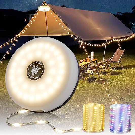 Camping String Lights, 4 in 1 Portable Camping Light Rechargeable, 8 Lighting Modes, USB Charging, Quick Storage, 32.8FT Waterproof Tent Lights String for Camping, Hiking, Yard, Christmas, Black