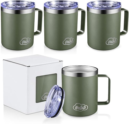 12oz Insulated Coffee Mug with Handle, Stainless Steel Wide Mouth Travel Tumblers with Lid, Double Wall Vacuum Coffee Cup for Camping, Office, Army Green 4 Pack
