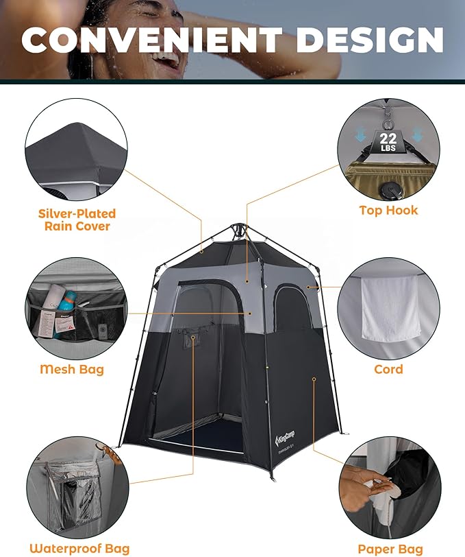 KingCamp Instant Shower Tent, Portable Superior Stable Privacy Shelter, Large Room Outdoor Toilet Tent with Floor for Beach, Camping & Hiking, Setup in Under 60s