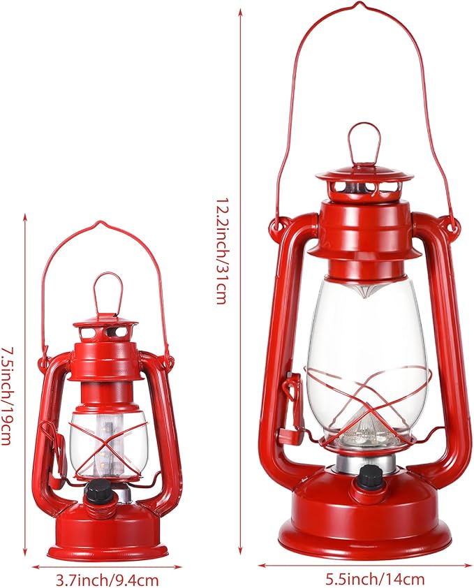 Hortsun 2 Pcs 12 Inch Vintage LED Hurricane Lantern Metal Red Outdoor Battery Operated Hanging Lantern with Warm LEDs and Dimmer Switch for Indoor Rustic Farmhouse Country Camping Decor