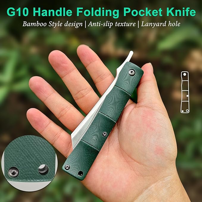 KATSU Folding Pocket Knife with Clip D2 Steel Blade,Handmade Camping Knives for Men Liner Lock G10 Handle Anti-slip Bamboo Style,Japanese Sharp Edc Pocket Knife with Sheath Hiking higonokami