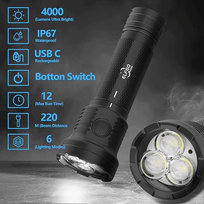 4000Lumens Outdoor Flashlight,LED Flashlight Flash Light Duty Rechargeable Flashlights with USB C IP67 Strobe Handheld Flashlight for Outdoor Medical Camping Emergency Work Light Repair