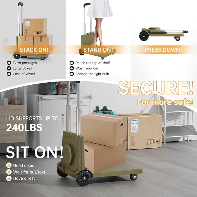 [220LBS Capacity] 4-Wheel Folding Hand Truck with Strong Base & Ropes - Heavy Duty Platform Cart for Moving/Shopping | Space-Saving Foldable Design Black Utility Carts Trolley Cart, (Green, M)