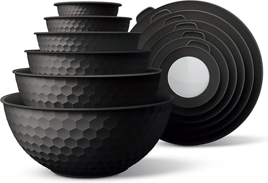 COOK WITH COLOR Mixing Bowls with Lids - 12 Piece Plastic Nesting Bowls Set includes 6 Prep Bowls and 6 Lids, Non Slip Bottom and Embossed Design - Microwave Safe (Black)