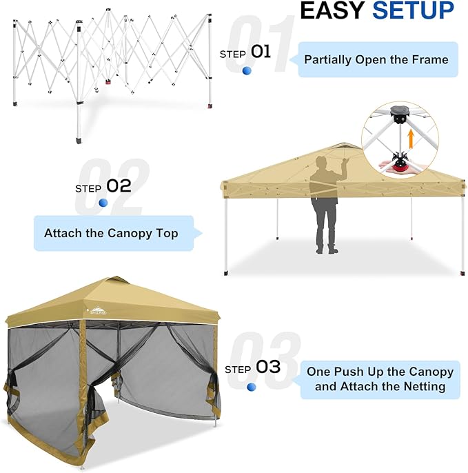 EAGLE PEAK 10x10 Outdoor Easy Pop up Canopy with Netting, Instant Screen Party Tent with Mesh Side Walls, Beige