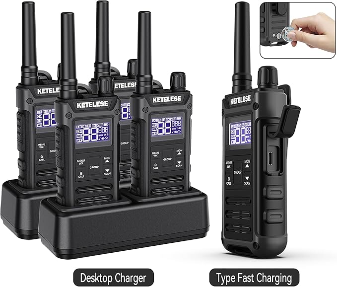 T3G IP67 Waterproof Walkie Talkies Rechargeable, Heavy Duty 2 Way Radios with Earpiece and Mic, Dock, USB, NOAA Weather Alert, Group PTT (4 Pack), Black/Grey