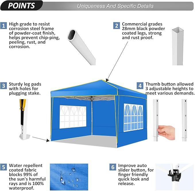 COBIZI 10x10 Pop up Canopy, Canopy Tent 10x10 Gazebos, Ez up for Parties Beach Camping Party Event Shelter Sun Shade with 4 Sidewalls & Carry Bag 4 Stakes & Ropes & Sandbags, Blue