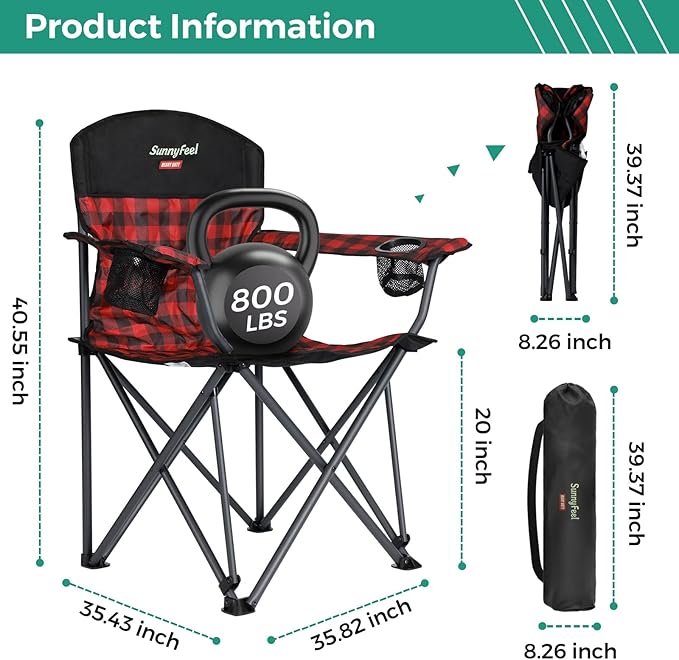 SUNNYFEEL Oversized Folding Camping Chair 800 LBS Heavy Duty for Big Tall People Red Padded Portable Collapsible Chairs with Armrest Cup Holder & Pocket for Outdoor Travel Picnic Camp Sports