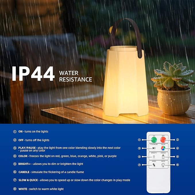 Portable Outdoor Table Lamp, Cordless Rechargeable Outdoor Table Lanterns RGB LED Lights with Remote, IP44 Water-Resistant Battery Operated Hanging Lamp for Patio Garden Camping Dining Room