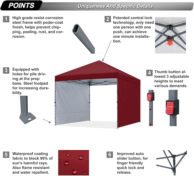 ABCCANOPY Pop up Canopy Tent with 2 Sidewalls for Outdoor Sun Blocking or Rain Protection,10x10, Burgundy