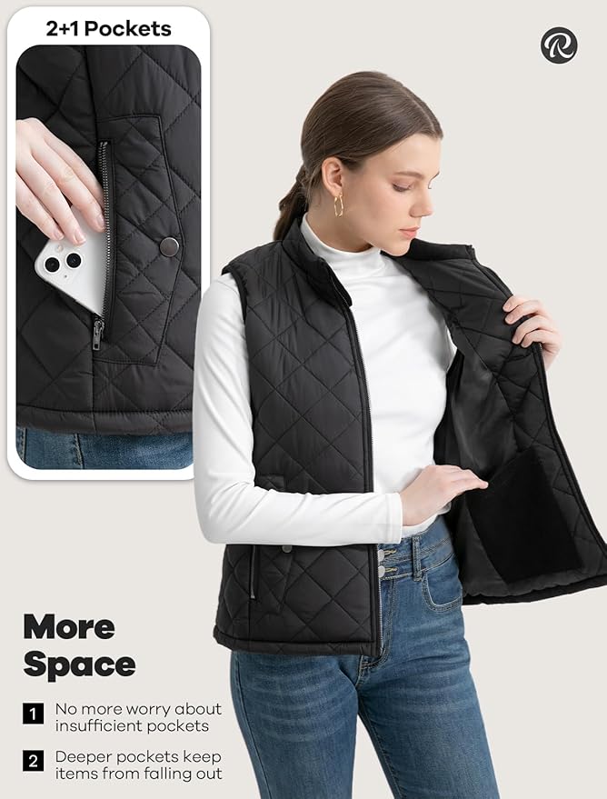 Women's Vest, Quilted Puffer Water-Resistant Zip With Pockets