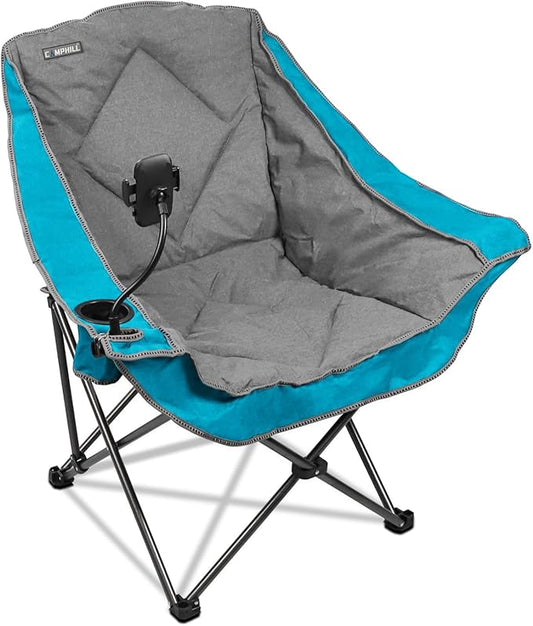 Folding Camping Chair,Oversized Portable Camping Chair with Cup Holder and Phone Holder,Heavy Duty Padded Lawn Chair for Camping,Tailgates,Beach,and Sports,Lake Blue