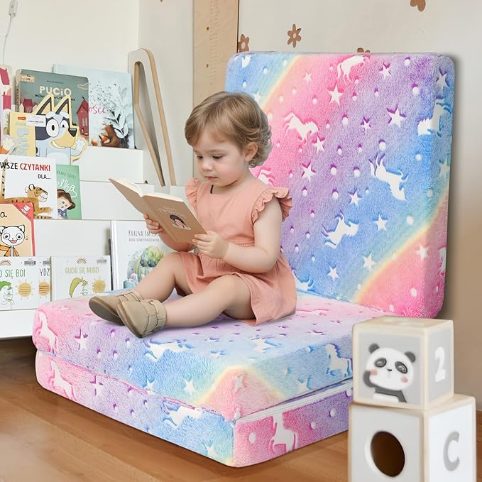 MeMoreCool Glow Rainbow Unicorn Foldable Floor Mattress for Kids, Trifold Nap Mat for Toddlers, Portable Daycare Sleeping Futon or Floor Bed, 57x22 Inch