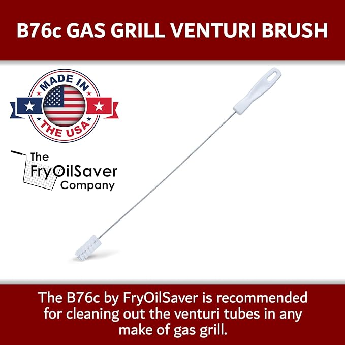 Gas Grill Venturi Tube Brush, Cleans Spider Webs, Grease, Debris, Food Build Up, Prevents Flare Ups, Long & Flexible Blockage Unclogger Cleaning Brush for Gas Grill Burner Pipe by FryOilSaver Co. B76C