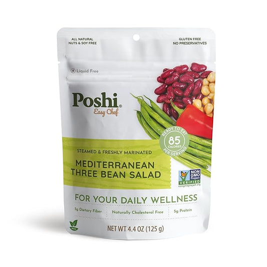 POSHI Mediterranean Three Bean Salad Natural, Keto, Vegan, Non GMO, Low Carb + Calorie, Gluten Free, Ready to Eat, Fully Cooked Vegetables, Pentry Food, Gourmet, Healthy, Travel Food 6 Pack, 4.4 oz
