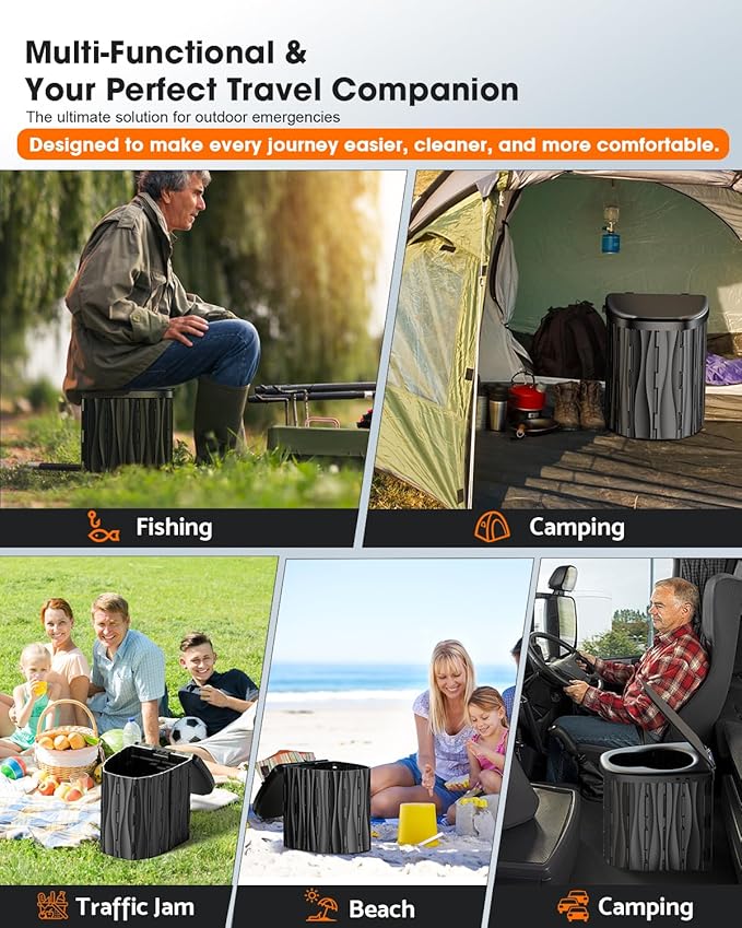 New Upgraded 15'' XL Portable Toilet for Adults, Camping Toilet Tested 500 LBS With Lid & Removable Paper Holder, Portable Potty for Truck Drivers, Camping, RV, Hiking, Car, Tent, Beach, Emergencies