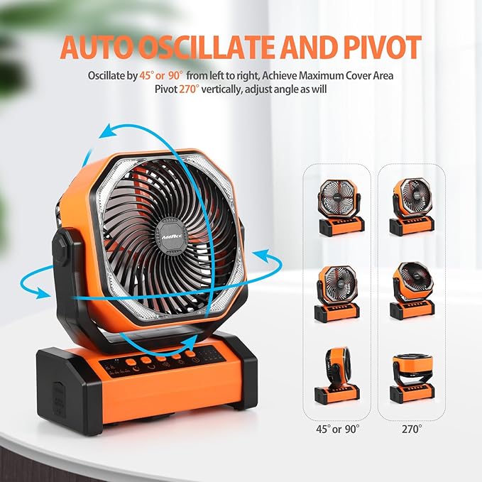 20000mAh Rechargeable Camping Fan - Battery Operated Fan with Light & Remote, Auto Oscillating, 4 Timer, 60 Hrs Work Cordless Tent Fan for Travel Outdoor RV Garage Power Outage Emergency