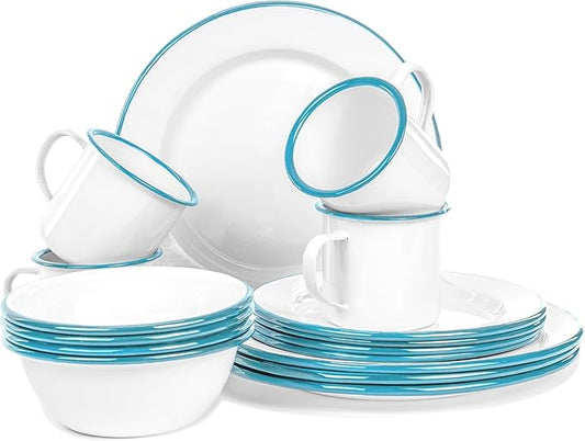 Red Co. 16-Piece Enamelware Metal Dinnerware Set for 4, Solid White/Teal Rim