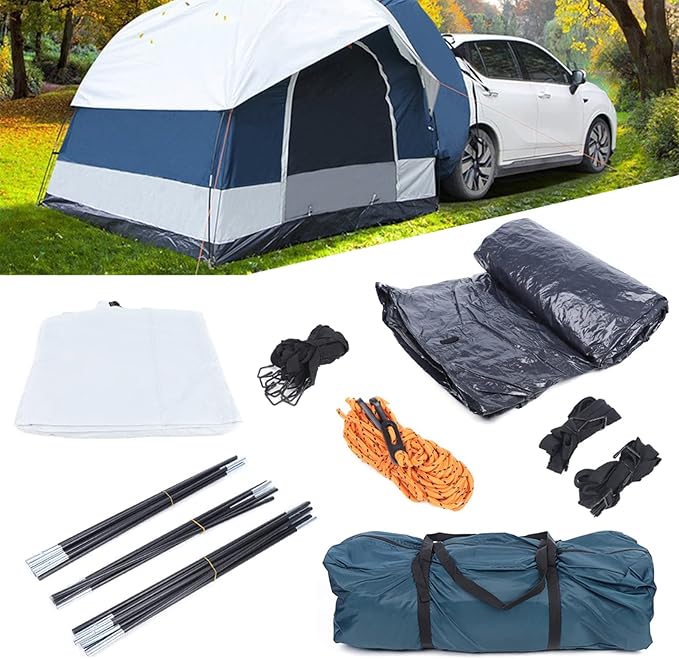 Universal SUV Camping Tent Outdoor Car Tent White Green SUV Tent Car Camping Car Tent Accommodate 4 People Large Size Tailgate Shade Awning Tent for Fishing, Wild Survival