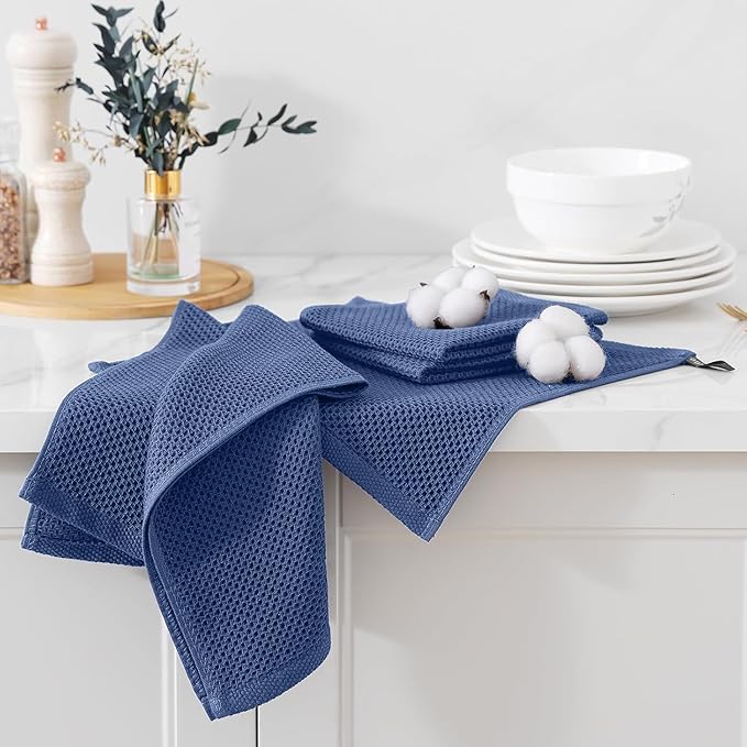 Kitinjoy 100% Cotton Kitchen Towels and Dishcloths Set, 10 Pack-13" x 28" and 12" x 12" Waffle Weave Dish Towels, Ultra Soft Absorbent Quick Drying Dish Rags, Navy Blue