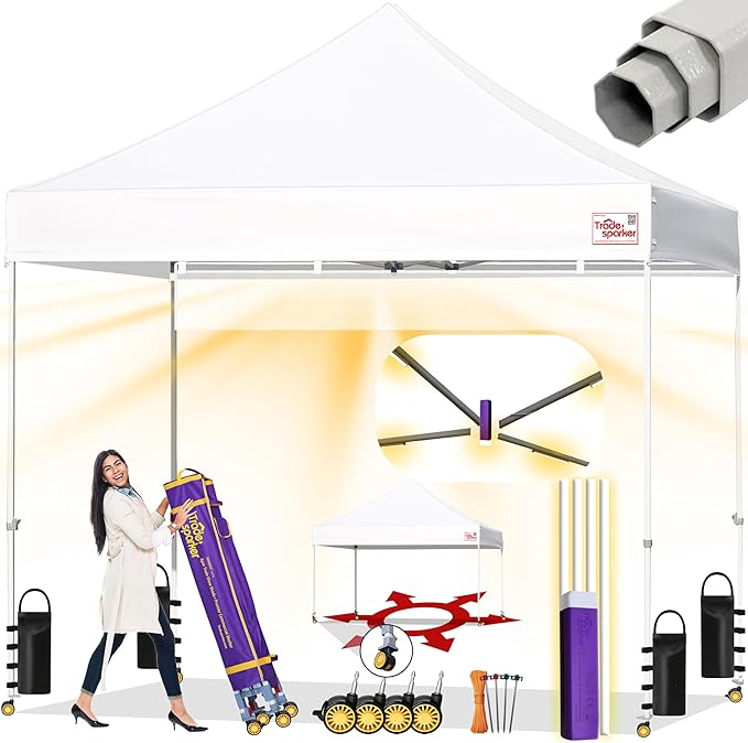 Tradesparker 8x8 Pop Up Canopy Tent,Easy up Commercial Canopy Tent Instant Shelter for Beach Events Parties Camping Market,Pop Up Canopies with LED Curtain+Casters+Weight+Stakes,White