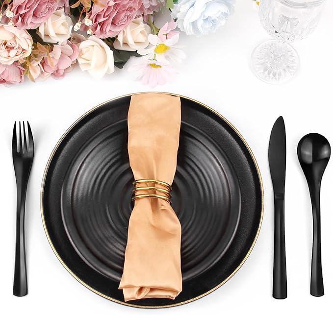 Bysta 24 Piece Black Silverware Set, Knife Fork Spoon Set, Stainless Steel Flatware Cutlery Set, Kitchen Utensil Set Service for 8, Tableware Set for Home and Restaurant, Dishwasher Safe, Satin Finish