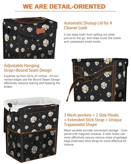Car Trash Can with Lid, Cute Leakproof Car Trash Garbage Bag Hanging Vehicle Trash Bin Small Portable Automotive Garbage Cans Organizer for Back/Front Seat/Console(Trapezoid,Black Flower)