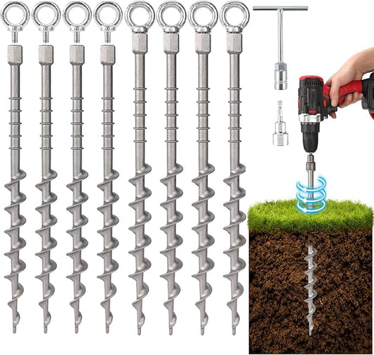 8 Pcs 14" Ground Anchors Screw in Non-Rust Cast Aluminum Detachable Tent Stakes for Camping Tents, Sand, Trampoline, Swing Sets and Sheds