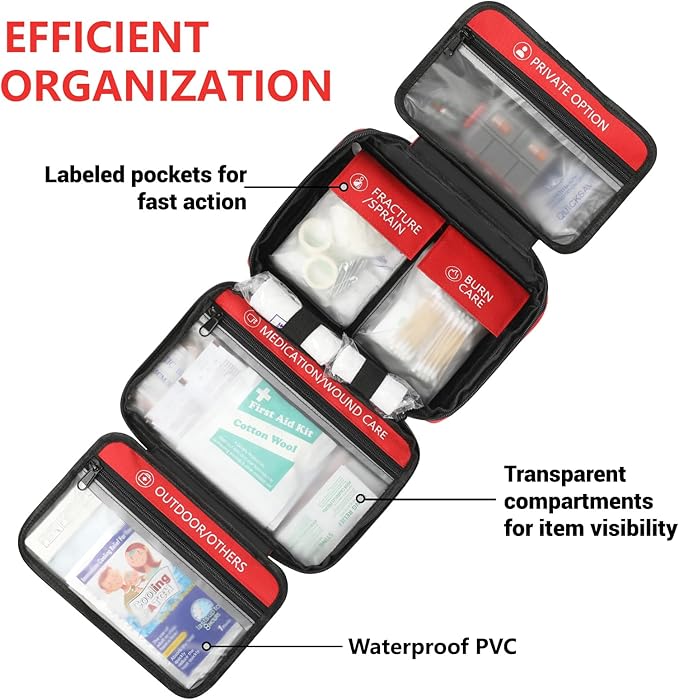 First Aid Kit with Labeled Pockets, 450 Piece Well-Organized Large Trauma Medical Kit for Home, Travel, Sports, Business, Office, Portable Professional Emergency Bag Fully Stocked for Outdoor