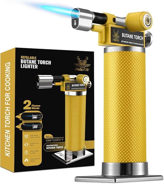 RAVS 2 Flame Mode Butane Torch Lighter, Refillable Kitchen Torch with Adjustable Flame and Safety Buckle, Yellow Jewelry Torch for Welding, Resin Art, Industrial, Butane Fuel not Include