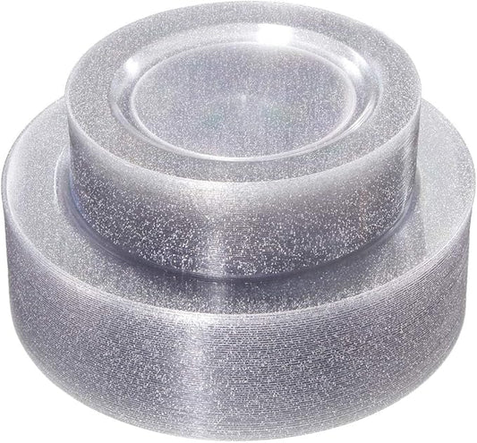 WDF 120PCS Silver Plastic Plates- Disposable Silver Glitter Plates, Premium Heavy Duty 60-10.25" Dinner Plates and 60-7.5" Salad Plates for Parties &Wedding
