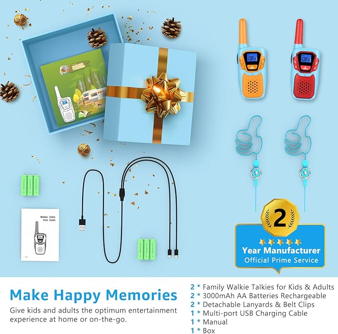 Walkie Talkies for Kids Long Range Walkie-Talkie for Adults Rechargeable 2 Way Radios 2 Pack with Lanyard 4 Miles NOAA USB VOX, Family Toys for 3-12 Year Old Boys Girls Toddlers Camping Hiking