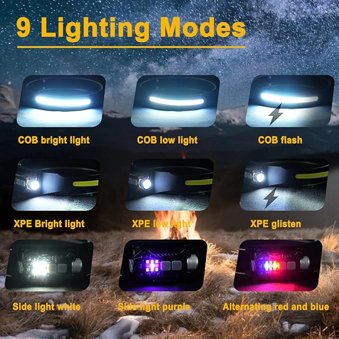 2-in-1 LED Headlamp Rechargeable, Sensing COB Headlamp Flashlight, IP65 Waterproof Magnetic 9 Modes Head Light for Adults Night Running Camping, Fishing, Hiking, Repair and Gift (Green)