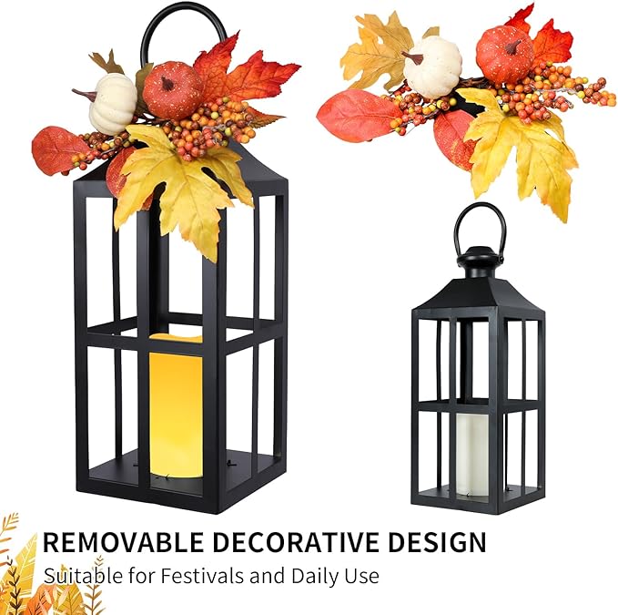 Bdor 2 Pack Fall Lantern Decor with LED Candle – 17.7 Inch Harvest Pumpkin Maple Leaf Hanging Lantern for Autumn Thanksgiving Table Centerpiece Indoor Outdoor Decoration, Battery Operated