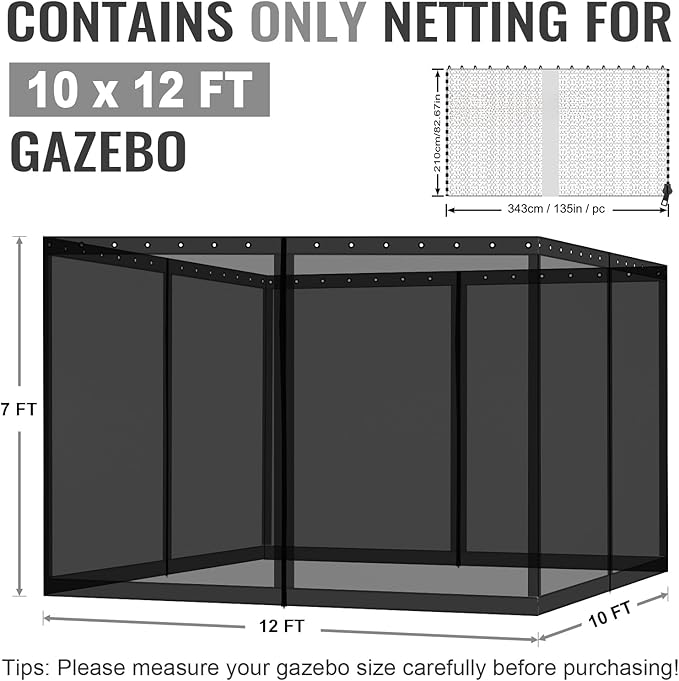COWVIE Gazebo Replacement Netting Screen, 10' x 12' Universal Gazebo 4-Panel Mosquito Sidewalls with Double Zippers for Outdoor Patio (Only Netting)