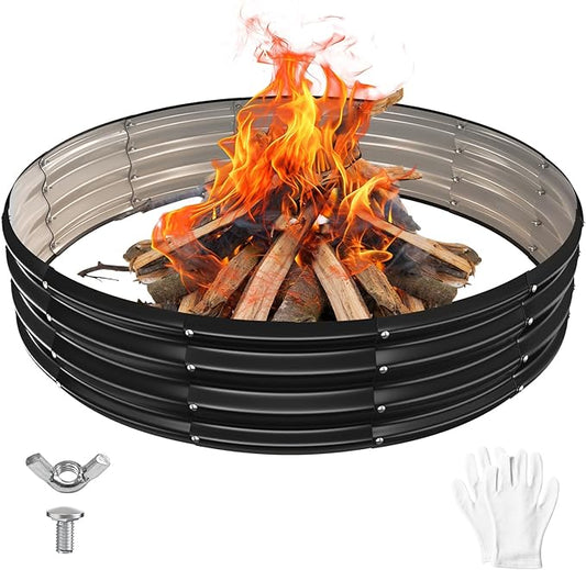 60 Inch Round Galvanized Fire Pit Ring/Fire Ring - Foldable and Perfect for Outdoor Gatherings and Campfires in The Yard/Garden/Park/Beach (Black+Gray, 5 FT Diameter+1 FT Tall)