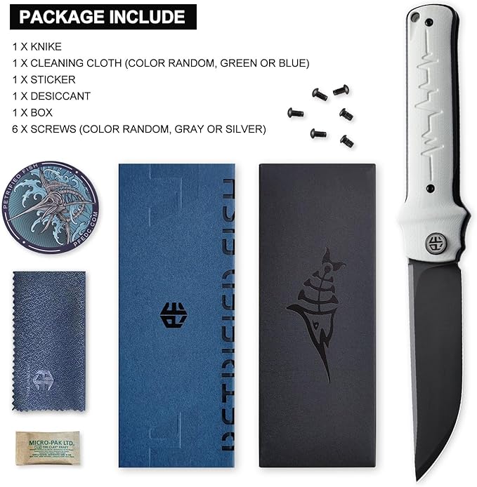 Petrified fish PFB04 Tena Folding Knife, 3.82" D2 Steel Black Stonewashed Blade G10 Handle Pocket Folding knife for EDC Camping Outdoor (White Black Stonewashed)