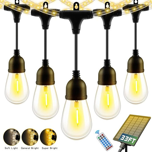 33FT Solar String Lights Outdoor Waterproof with USB Port & Remote Control Solar Patio Lights Long Last for 20+Hrs Dimmable Solar Power LED Shatterproof Bulbs solar lights for Camping Backyard Garden