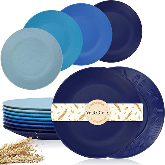 Wheat Straw Dinner Plates 10 Inch Unbreakable Set of 8 - Dishwasher & Microwave Safe Plastic Plates Reusable - Lightweight Plates for kitchen,camping,salad,appetizer - Ocean Series