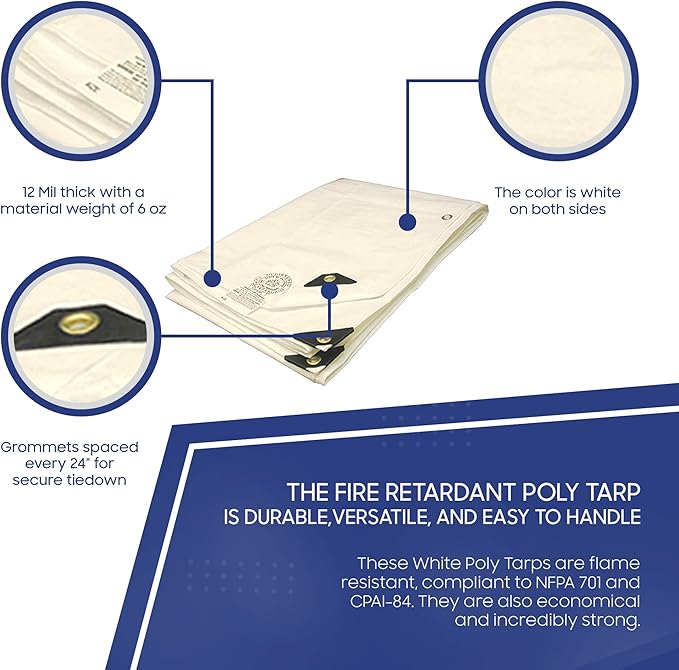 Tarps Now 12x30 Feet Fire Retardant Poly Tarp |12 MIL Heavy Duty Waterproof Cover |Rip and Tear Proof Plastic Tarp with Rustproof Aluminum Grommets & Reinforced Edges |Ideal for Camping - White