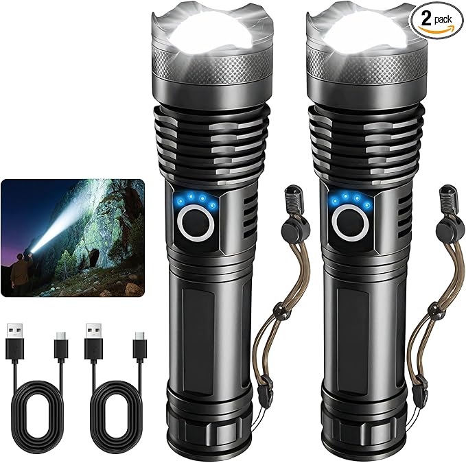 Rechargeable Flashlights High Lumens, Handheld LED Flashlights Powerful with 5 Modes,Waterproof Tactical Bright Fflash Light 9000 Lumens Battery Powered for Home, Emergencies, Camping, Hiking, 2 Pack