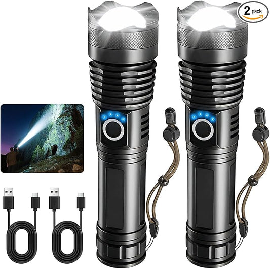 Rechargeable Flashlights High Lumens, Handheld LED Flashlights Powerful with 5 Modes,Waterproof Tactical Bright Fflash Light 9000 Lumens Battery Powered for Home, Emergencies, Camping, Hiking, 2 Pack